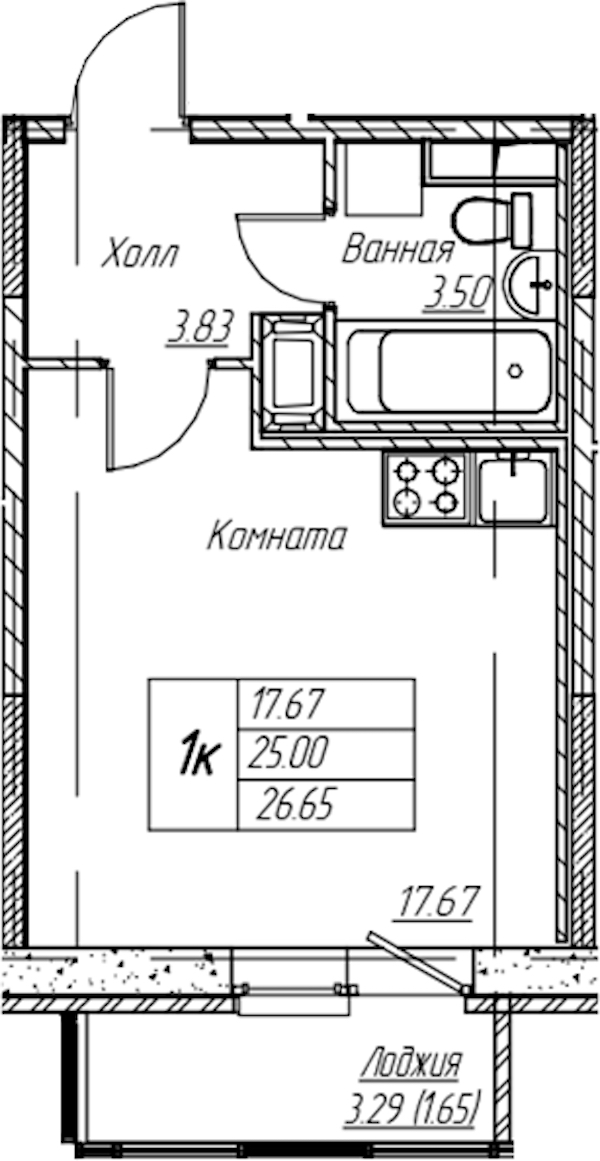 Квартира студия 26.65 м², 7/22 эт., ЖК «Парк-квартал Юнтолово»